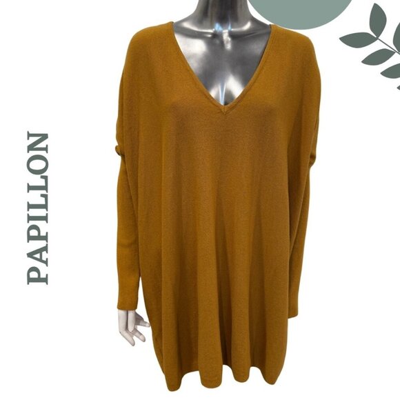 Slouchy Mustard Tunic Sweater by Papillon | Cozy & Chic V-Neck Size 8 / 10 - Picture 1 of 7